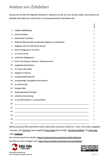 Checkliste Zeitdiebe | Coaching mit Pferden Harz - Antje Liebe