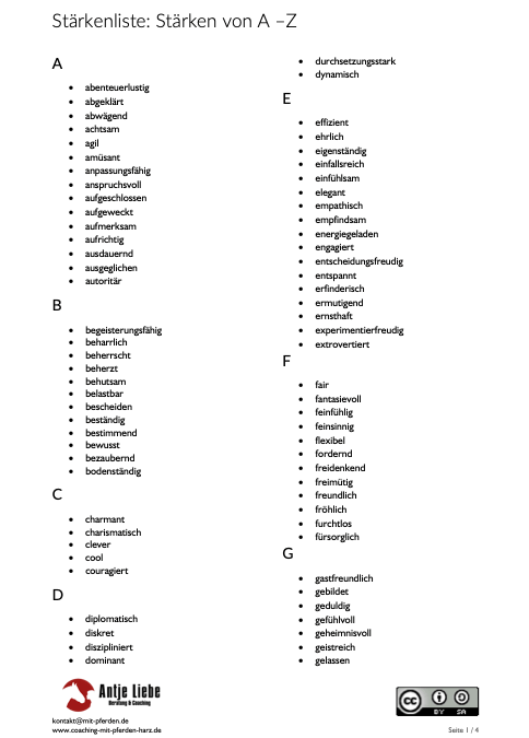 Stärkenliste, Stärken von A-Z | Antje Liebe - Beratung & Coaching