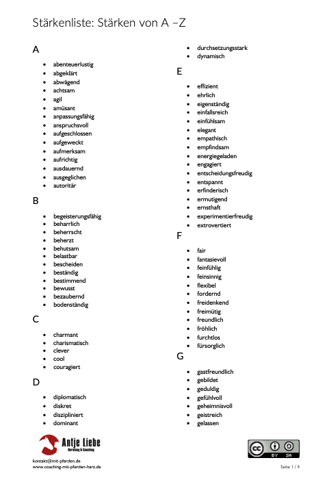 Stärkenliste, Stärken von A-Z | Antje Liebe - Beratung & Coaching