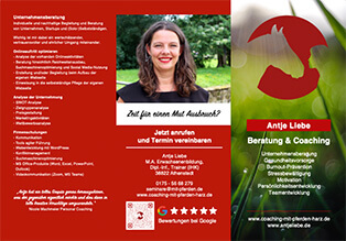 Flyer DINlang Mit Pferden coachen & trainieren, pferdegestütztes Coaching, Coaching mit Pferden Harz | Antje Liebe